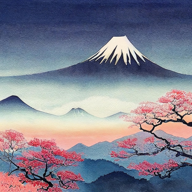 Watercolor Japan Mount Fuji with blooming skaura Digital art