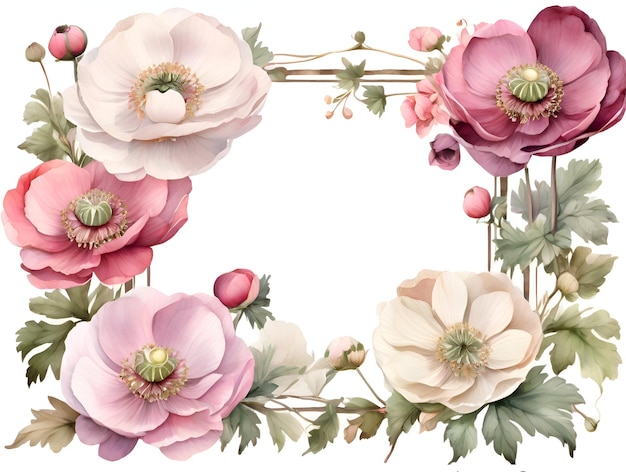 Watercolor japanese anemone flowers border