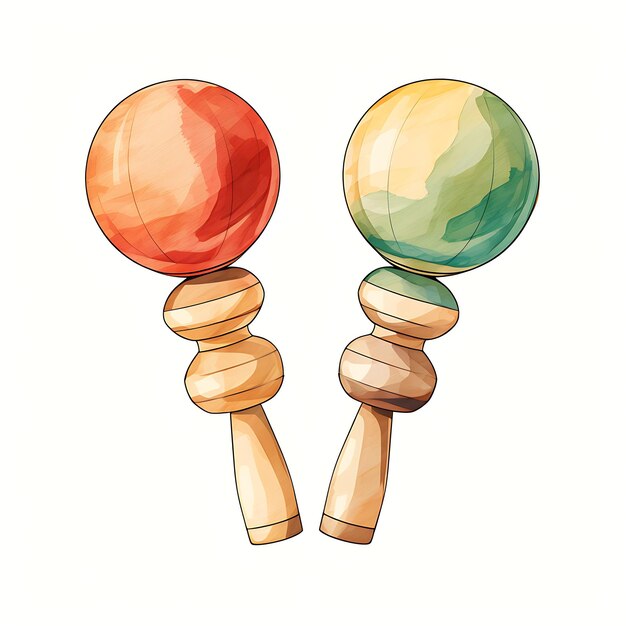 Watercolor of Japanese Kendama Skill Toy Natural Wood Color Solid Beechwoo on White BG Clipart Ink