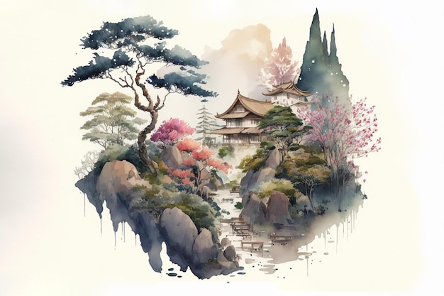 Watercolor Japanese Landscape