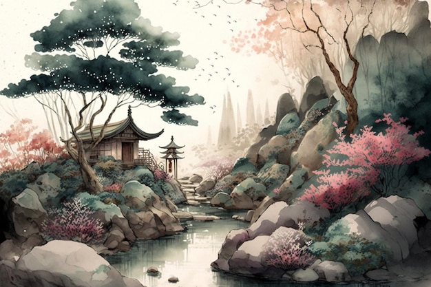 Watercolor Japanese Landscape