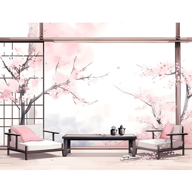 Photo watercolor of japanese sakura blossom retreat a room with a on white background with cozy place