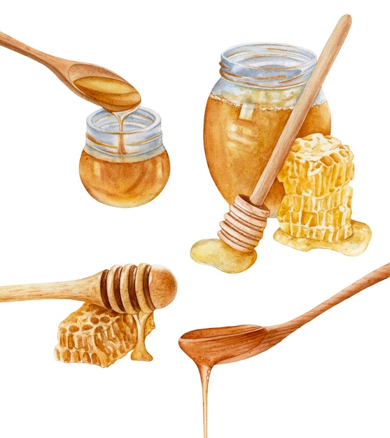 Watercolor jar of honey, honeycomb, honey spoon isolated on white background.