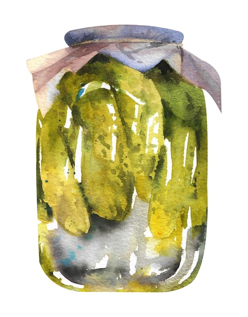 Watercolor jar with cucumbers Homemade canned cucumbers in a glass jar