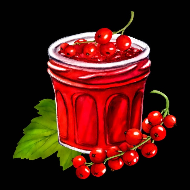 Watercolor jar with jelly isolated on black background Hand drawn illustration Clip art berry branches Viva Magenta color