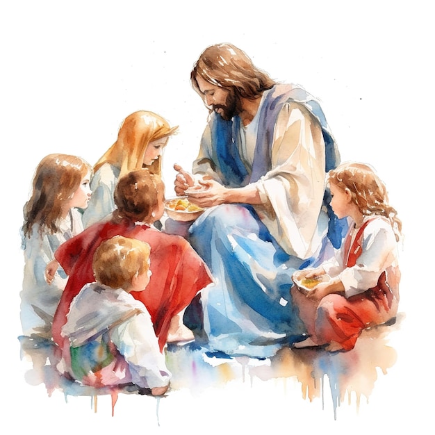 акварель Иисус Христос с детьми