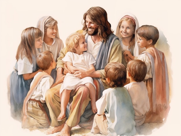 Photo watercolor jesus christ with children