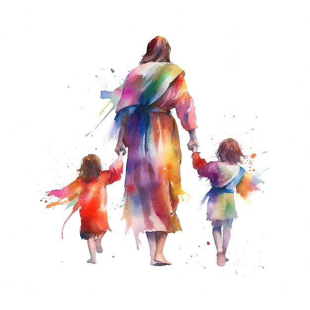 watercolor Jesus Christ with children