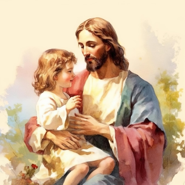 watercolor Jesus Christ with children