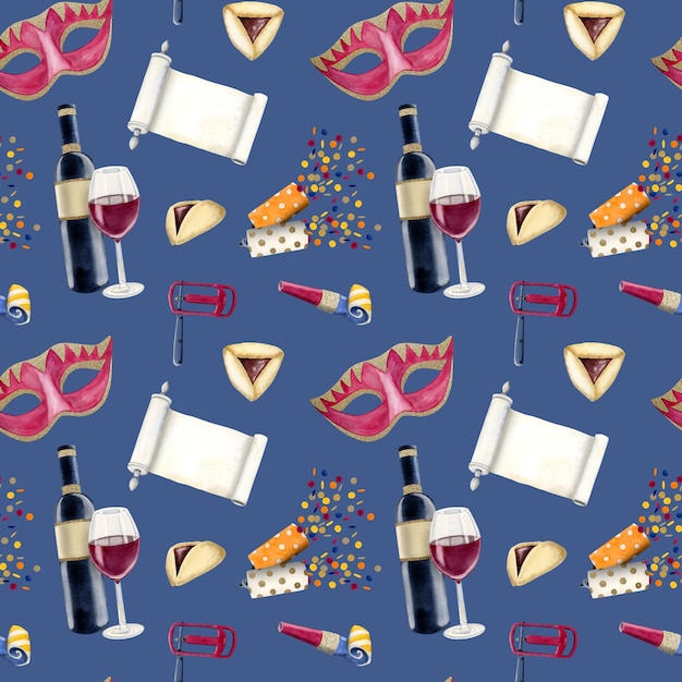 Watercolor Jewish Purim seamless pattern on blue with carnival masks wine Torah scroll hamantaschen