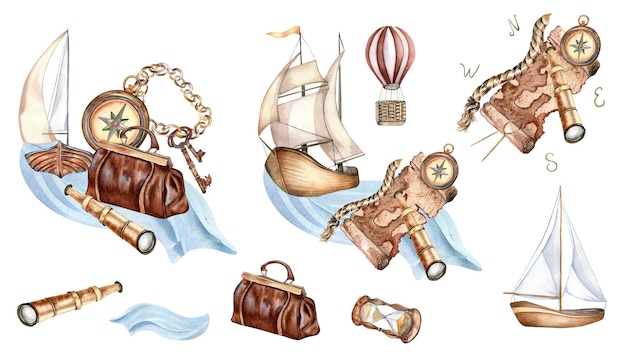 파스텔 색으로 세일링 선박, 요트 및 선박을 가진 수채 여행 세트, 색 배경에 고립된 손으로 칠한 스파이글라스 여행 가방, 어린이 디자인 요소, 모험 물건, 손으로 그려진 물건