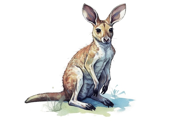 A watercolor of a kangaroo sitting on a grass.