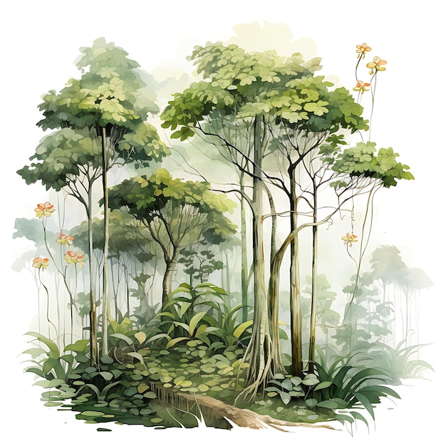 Watercolor of Kapok Trees Forest With Tall and Majestic White Trunks Orchi Clipart Tshirt Isolated