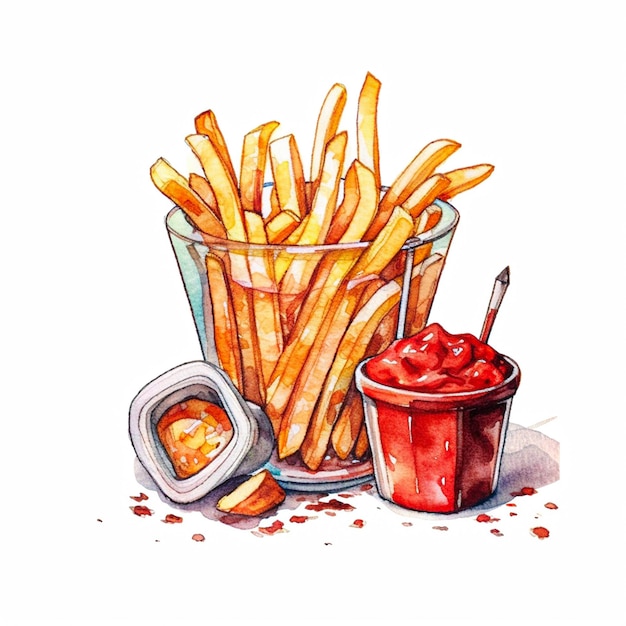 a watercolor ketchup and french fries on white background
