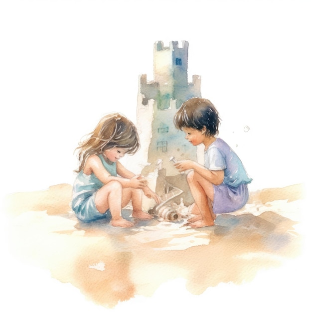 Watercolor of Kids building sandcastles