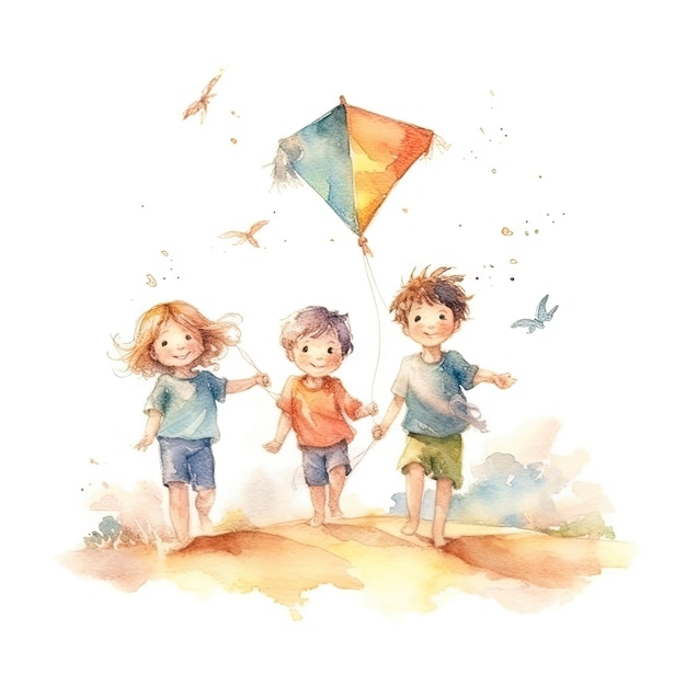 watercolor of Kids flying kites