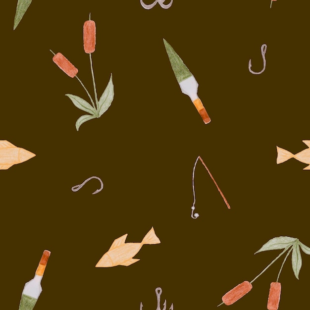 Photo watercolor kids seamless pattern of golden fish fishing rod float hooks reeds