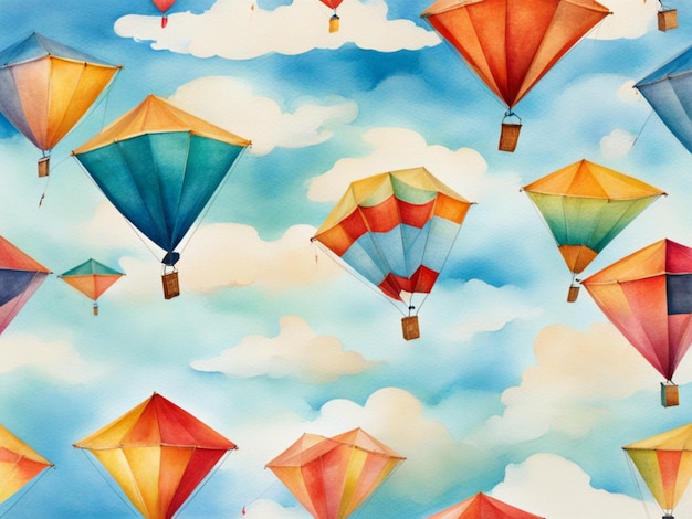 Watercolor kites flying in the sky