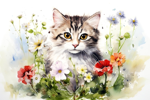 水彩の子猫はビンテージ スタイルの花を持つかわいい猫を喜ばせます アート コンセプトを描画