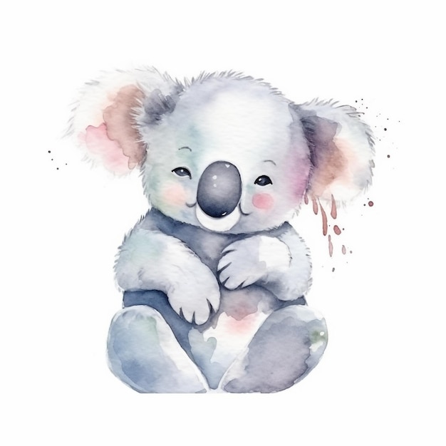 A watercolor koala bear with a black nose sits on a white background.