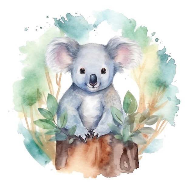 Watercolor koala on a tree stump.