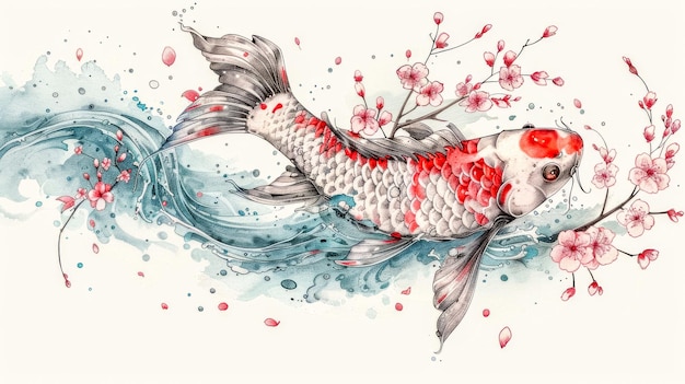 Photo watercolor koi fish with blossoming branches