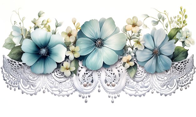 Watercolor of Lace White String With Butterfly Decorations and Silver Glit Clipart 2D Flat Strings