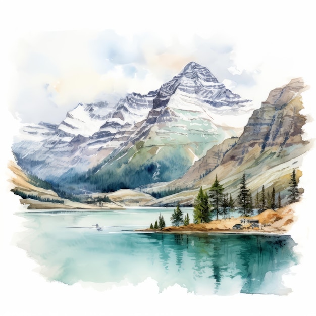 Watercolor Lake Illustration Of Watertonglacier International Peace Park