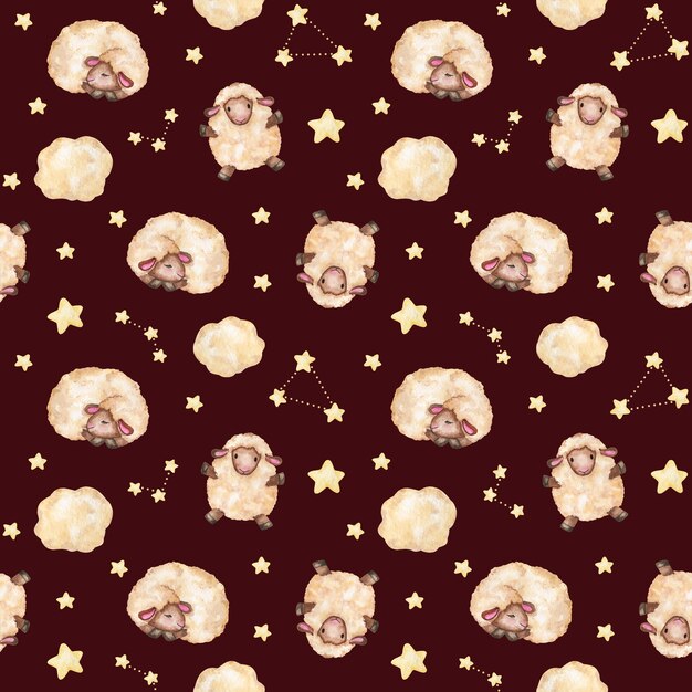 Watercolor Lambs, stars seamless pattern