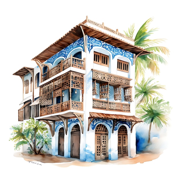 Watercolor lamu house capturing the carved wood and islamic on white background aesthetics house