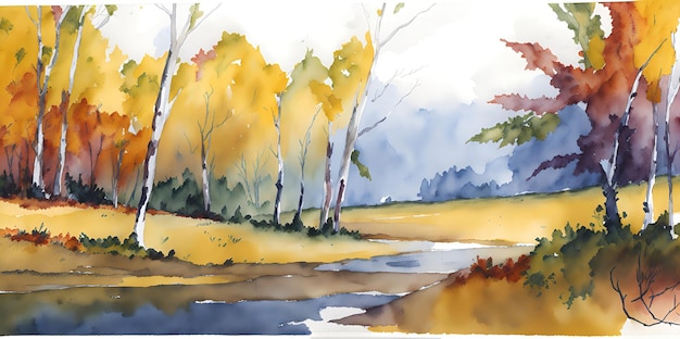 Watercolor landscape Autumn in the forest by the river