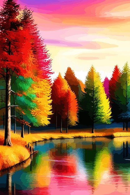 Watercolor landscape Autumn forest on the lake shore vector illustration autumnal trees on the shore of calm forest lake or pond at sunny fall day