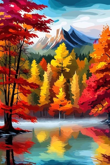 Watercolor landscape Autumn forest on the lake shore vector illustration autumnal trees on the shore of calm forest lake or pond at sunny fall day