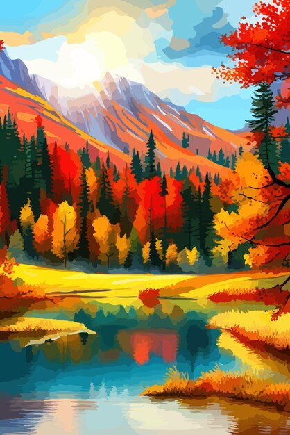 Watercolor landscape Autumn forest on the lake shore vector illustration autumnal trees on the shore of calm forest lake or pond at sunny fall day