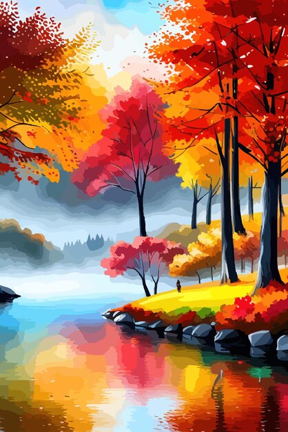 Watercolor landscape autumn forest on the lake shore vector illustration autumnal trees on the shore of calm forest lake or pond at sunny fall day