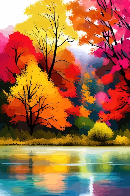 Watercolor landscape Autumn forest on the lake shore vector illustration autumnal trees on the shore of calm forest lake or pond at sunny fall day