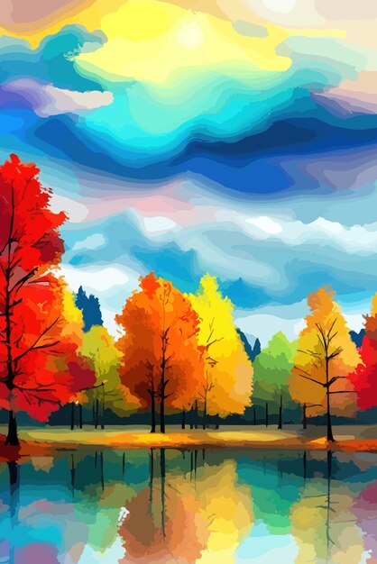 Акварельный пейзаж Осенний лес на берегу озера векторная иллюстрация осенние деревья на берегу спокойного лесного озера или пруда в солнечный осенний день