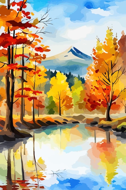 Акварельный пейзаж Осенний лес на берегу озера векторная иллюстрация осенние деревья на берегу спокойного лесного озера или пруда в солнечный осенний день