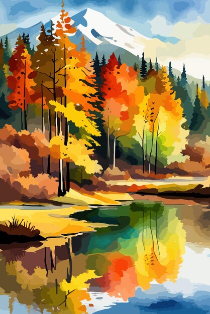 Watercolor landscape Autumn forest on the lake shore vector illustration autumnal trees on the shore of calm forest lake or pond at sunny fall day