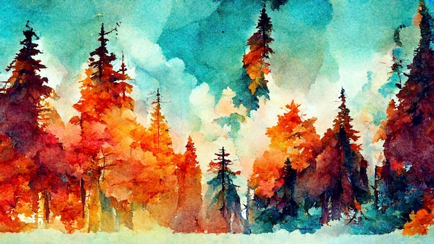 水彩風景 針葉樹林と朝霧