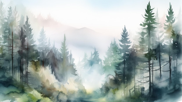 Watercolor landscape Coniferous and morning forest AI generative