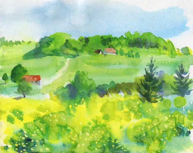 Watercolor landscape, countryside.