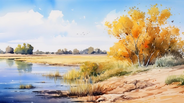 Watercolor Landscape Dnieper River With Willow Trees And Yellow Field