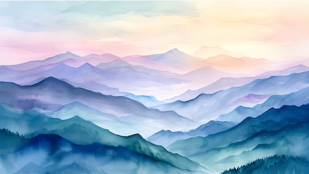 Watercolor landscape forest and mountain