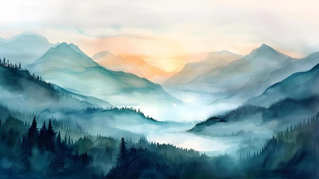 Photo watercolor landscape forest and mountain