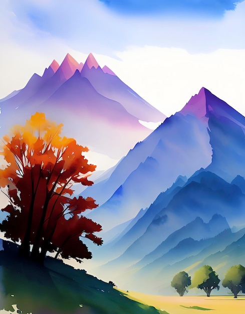 Watercolor Landscape Illustration Mountains Range Colorful Background Reproduction Painting