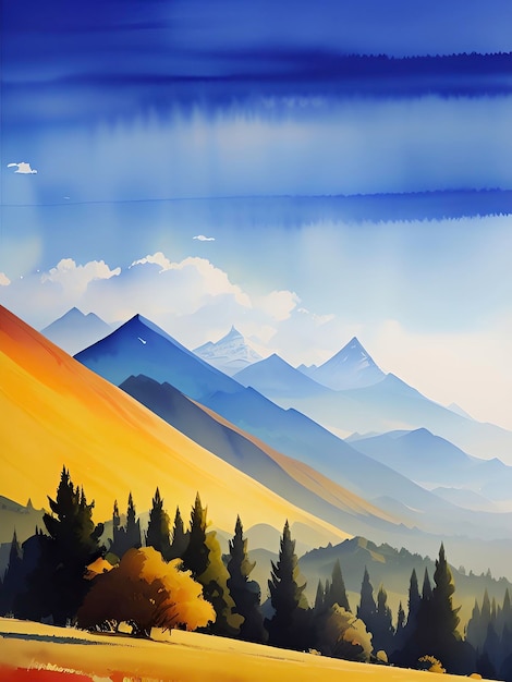 水彩風景イラスト 山脈 カラフルな背景 複製画
