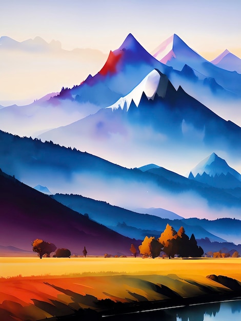 水彩風景イラスト 山脈 カラフルな背景 複製画
