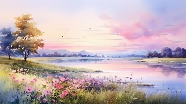 The watercolor landscape is a dawn panorama with soft flowers
