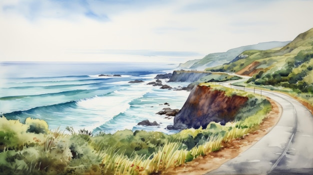 Photo watercolor landscape painting of big sur39s scenic road and surf